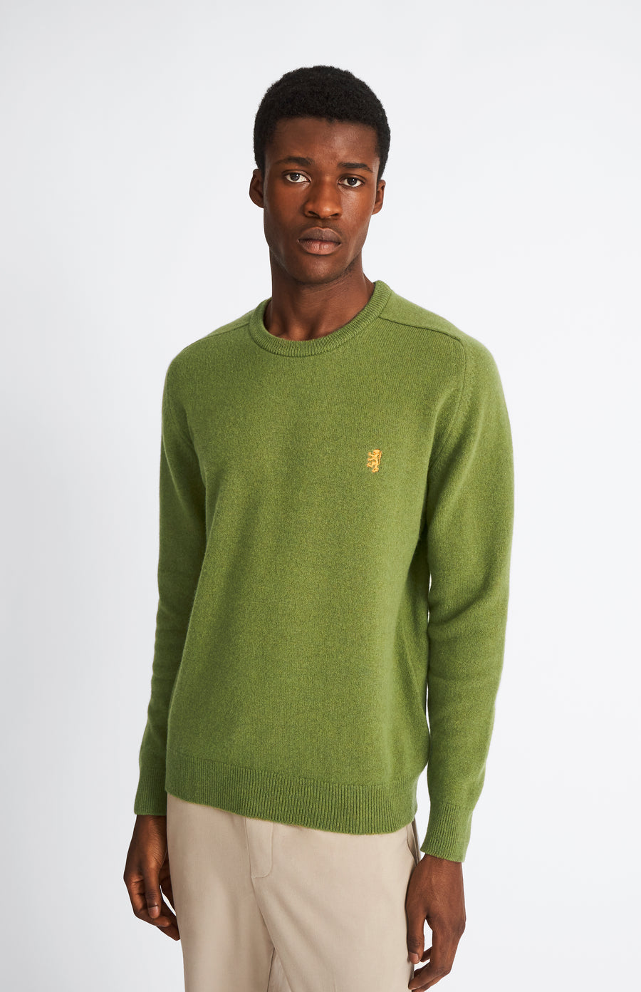 Pringle Round Neck Lion Lambswool Jumper In Mineral Green & Mustard on model