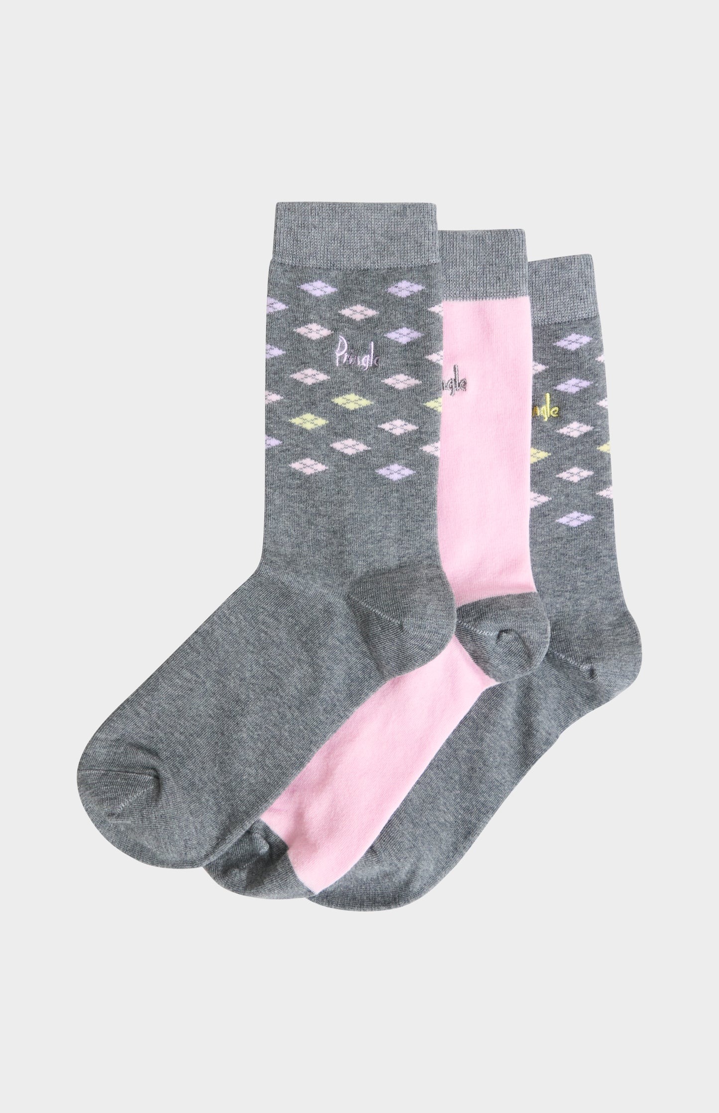 Women’s Grey & Pink Cotton Jacquard Socks with Square Diamond Pattern