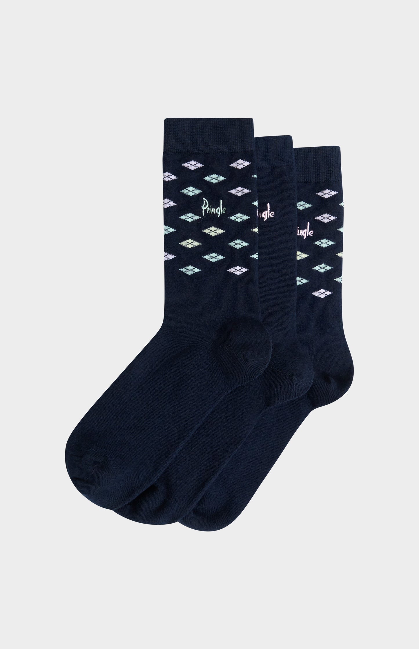 Women’s Navy Cotton Jacquard Socks with Square Diamond Pattern