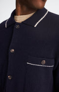 Pringle Knitted lambswool overshirt in Navy with contrast edging showing pocket detail
