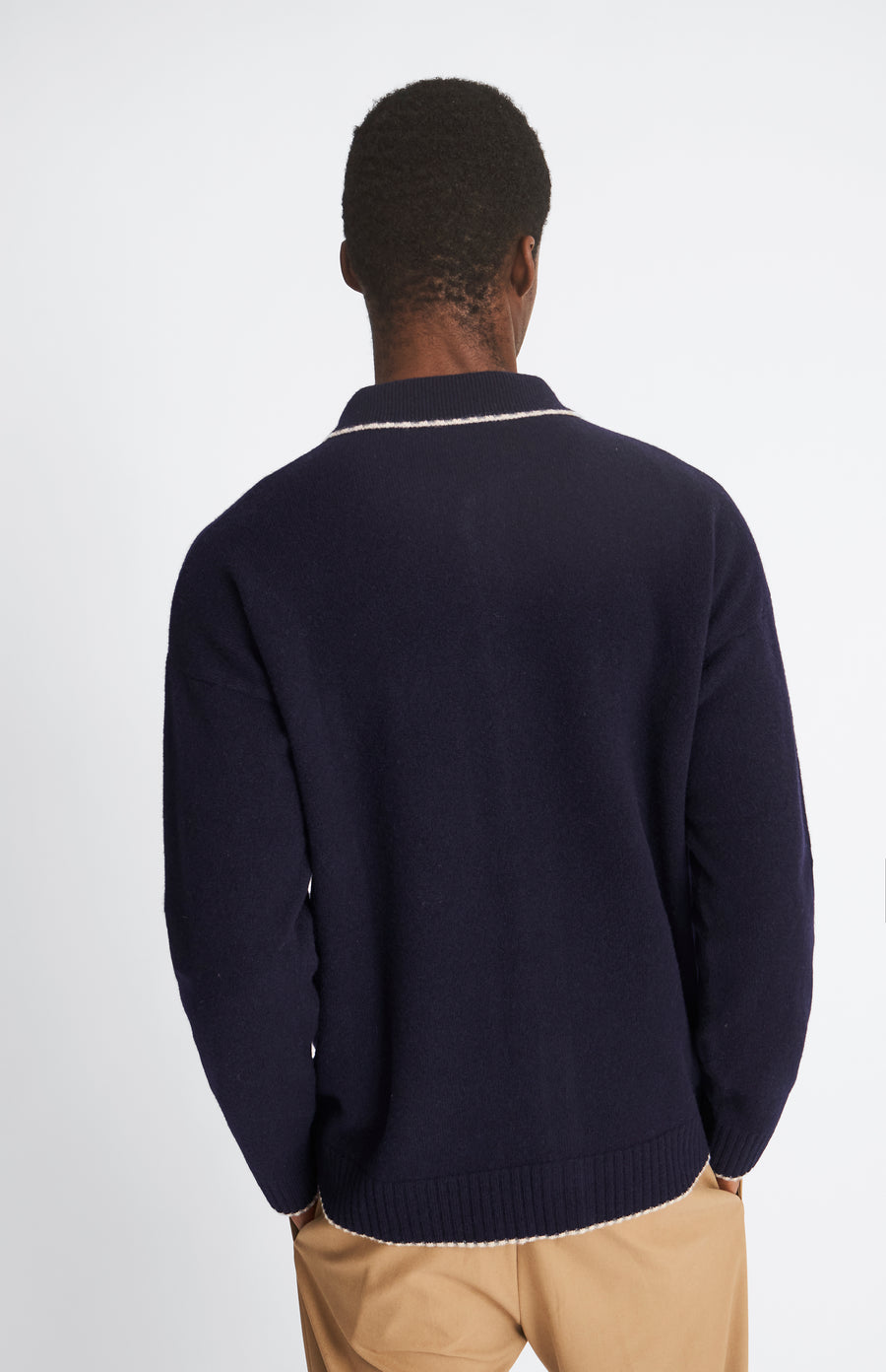Pringle Knitted lambswool overshirt in Navy with contrast edging rear view