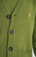 Pringle Men's lambswool V Neck Cardigan in Mineral Green & Mustard Sand showing button detail