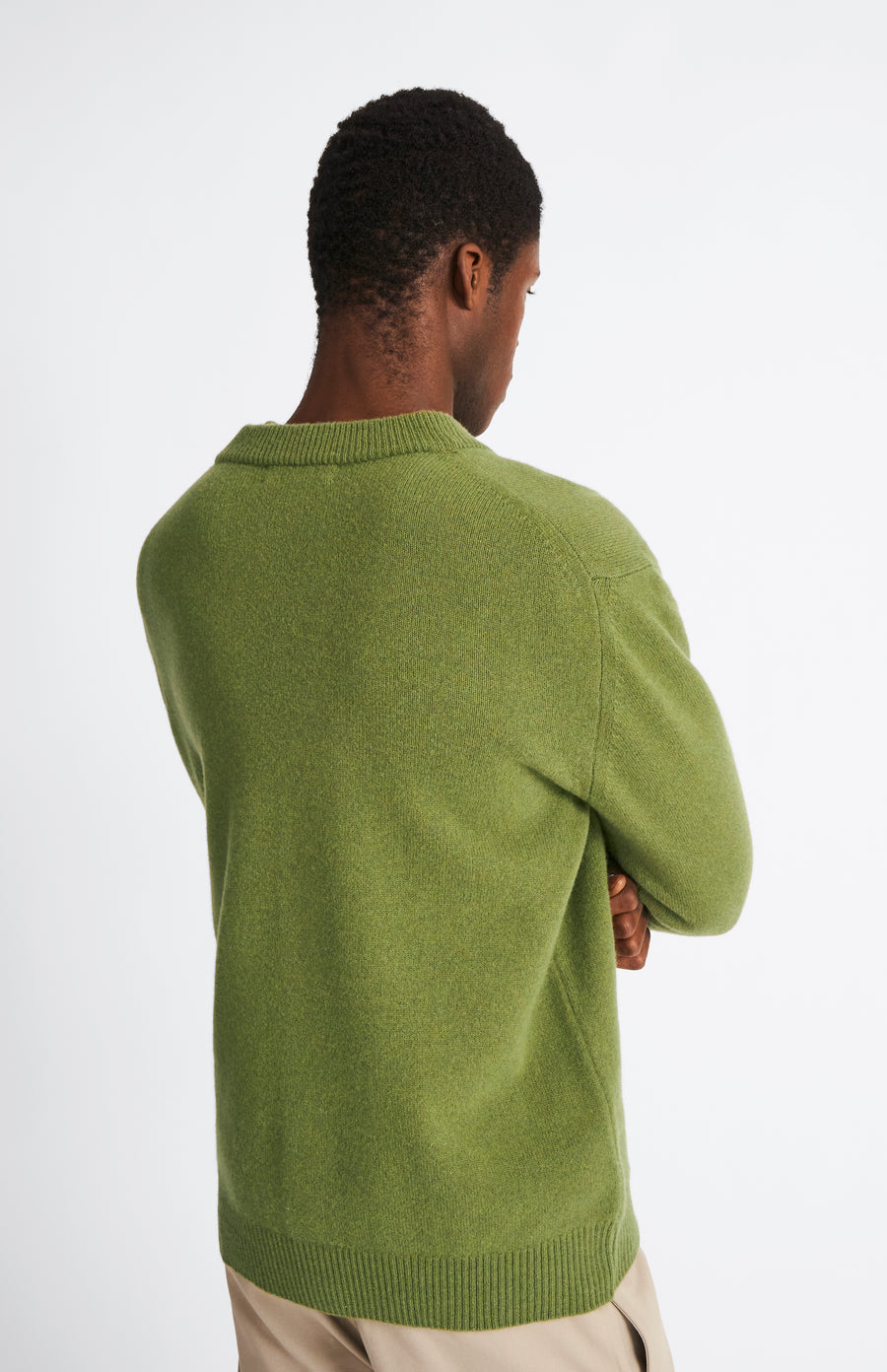 Pringle Men's lambswool V Neck Cardigan in Mineral Green & Mustard Sand rear view