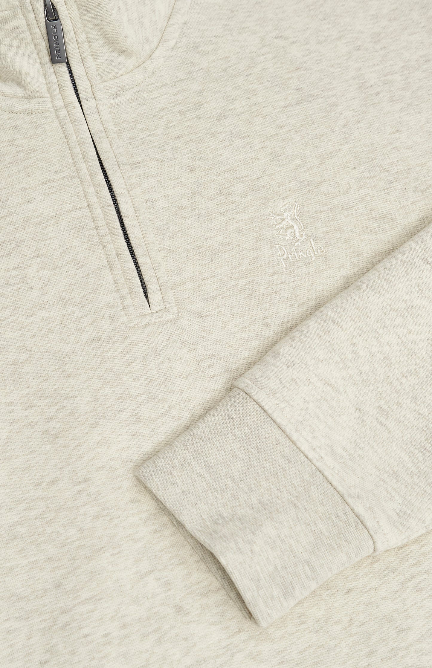 Pringle of Scotland Men's Qtr Zip Track Jumper In Ecru Beige Melange zip detail