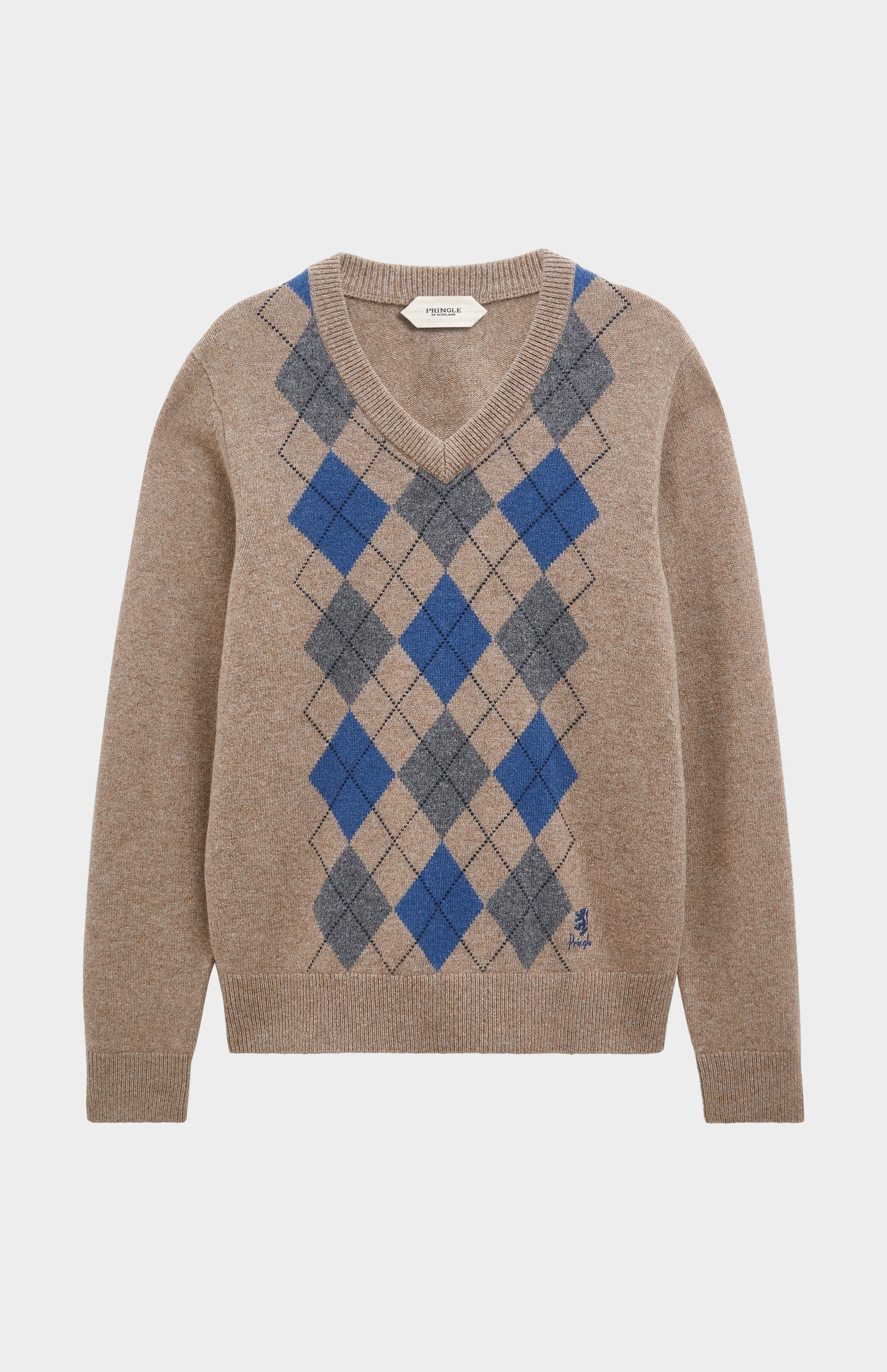 Pringle Men’s Lambswool Argyle V-Neck Jumper in Mushroom, Blue & Grey flat shoy