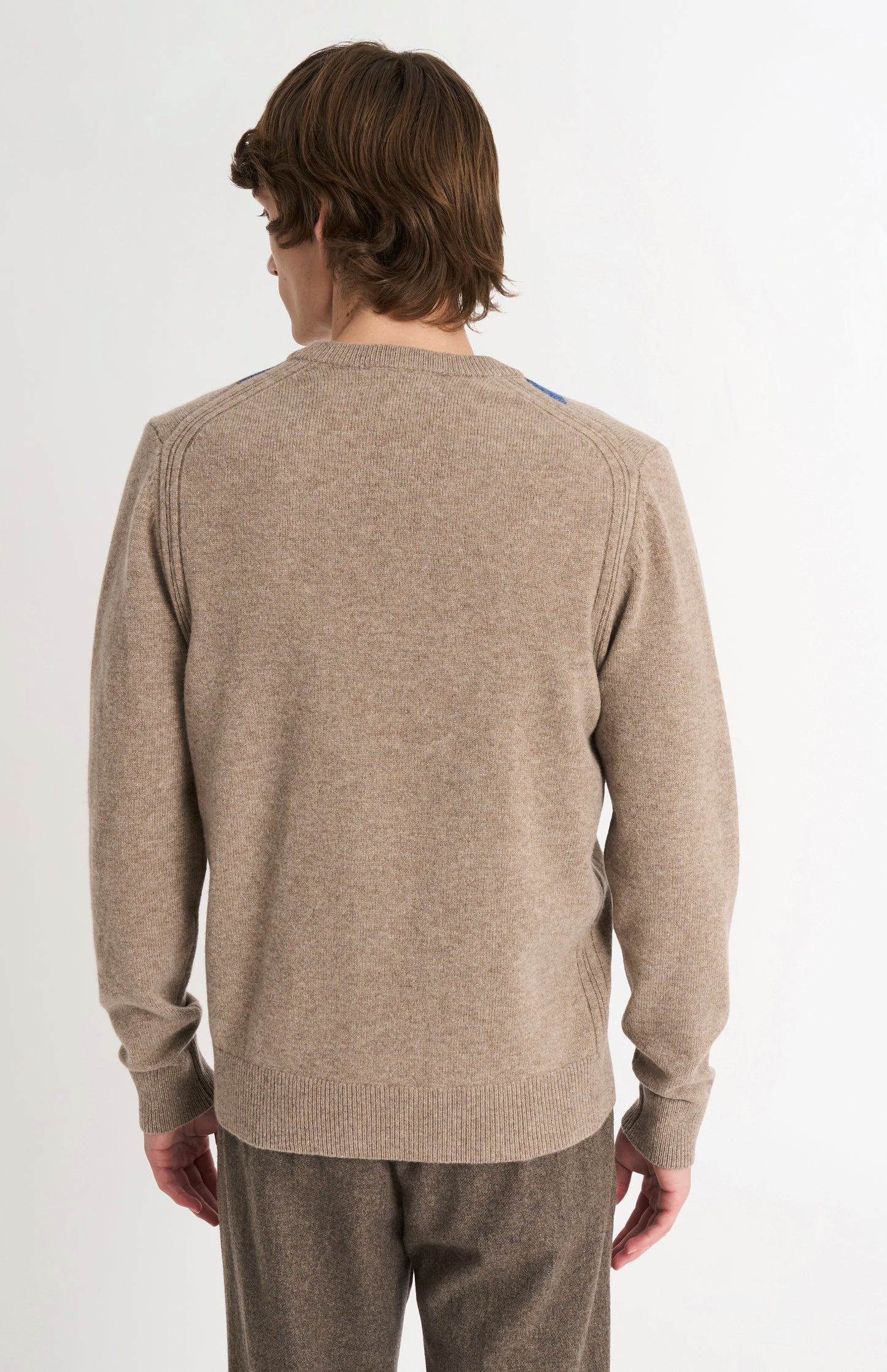 Men's Kessock V-neck Supersoft Lambswool Argyle Jumper In Mushroom / Blue / Grey