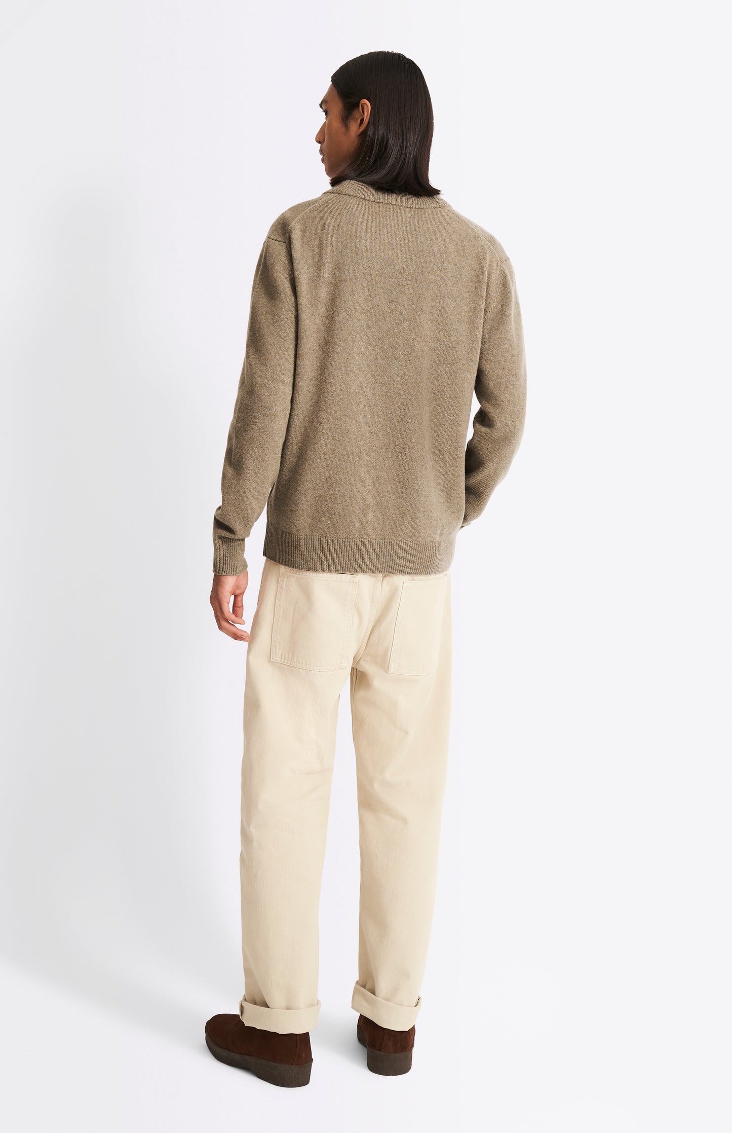 Pringle of Scotland Men's V Neck Lambswool Cardigan In Dark Natural rear view