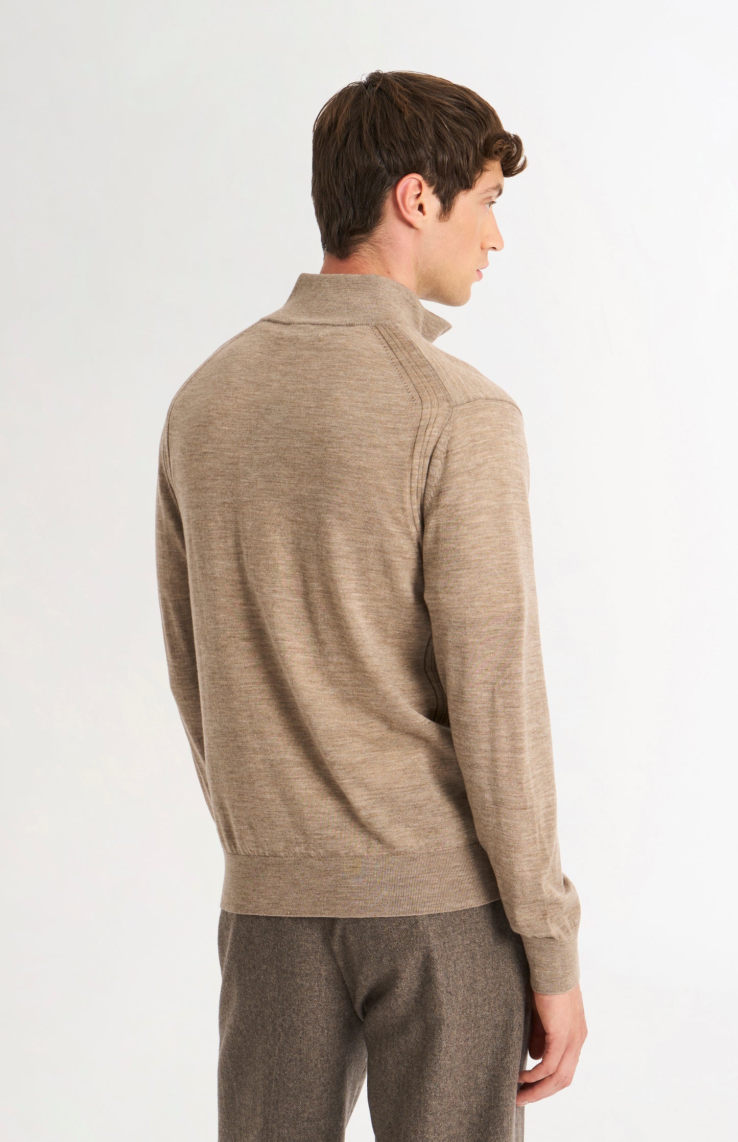 Men's Qtr Zip Extra Fine Merino Wool Jumper In Mushroom Melange