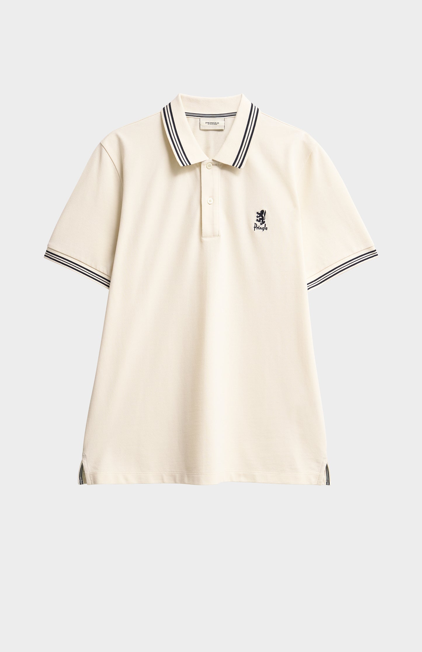 Beige polo shirt with black trim on a light gray background