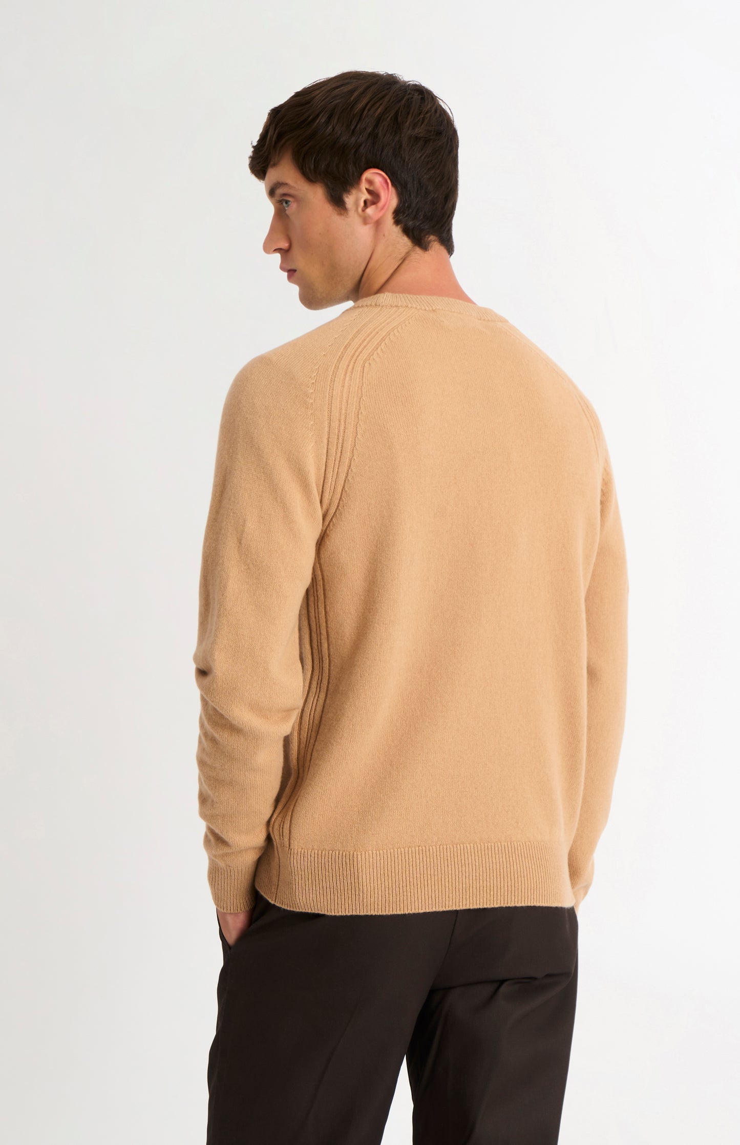 Pringle of Scotland Men’s Lambswool Crew Neck Jumper In Camel rear view
