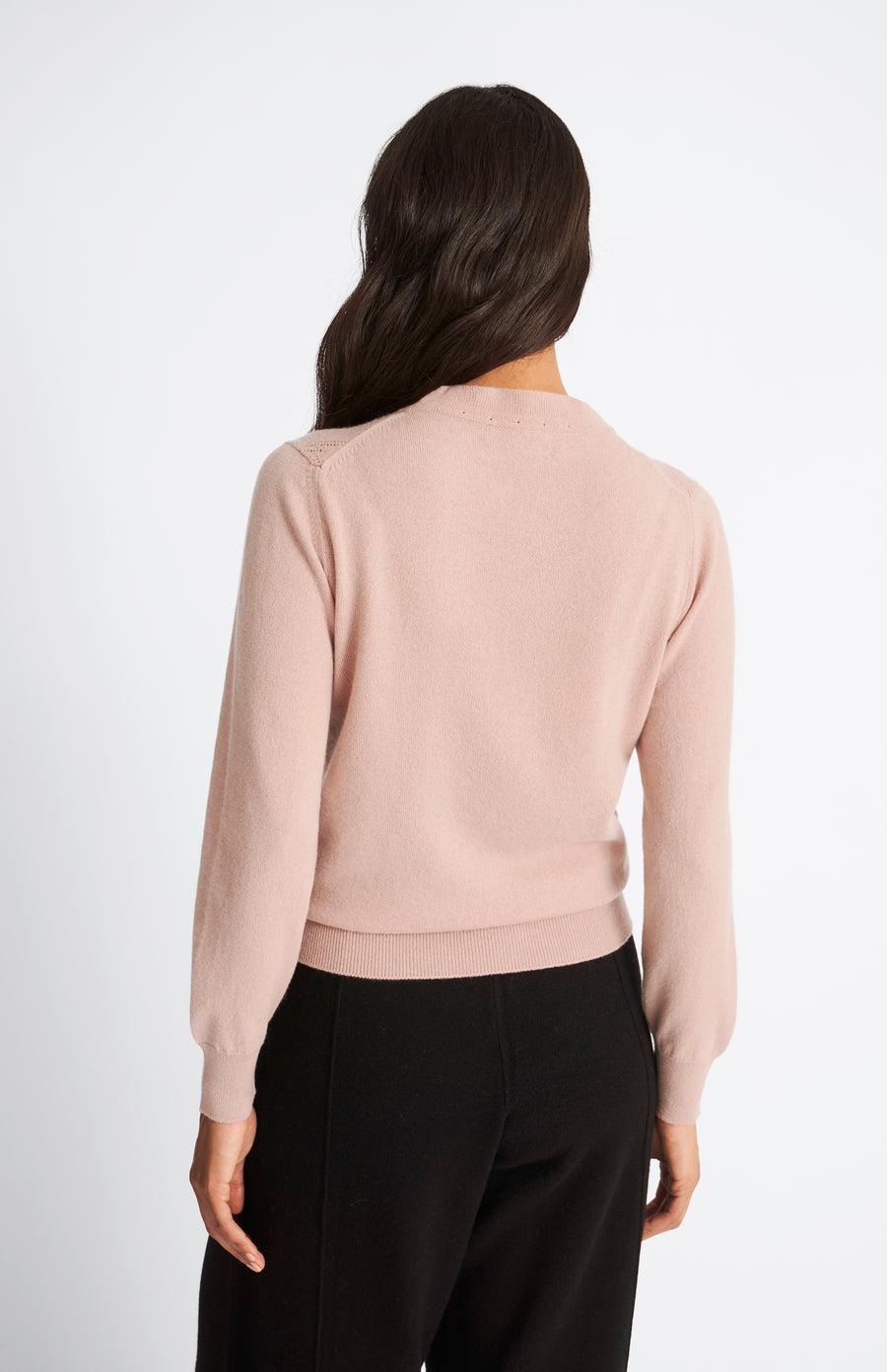 Pringle of Scotland Round Neck Pointelle Argyle Cashmere Jumper in Dusty Pink rear view