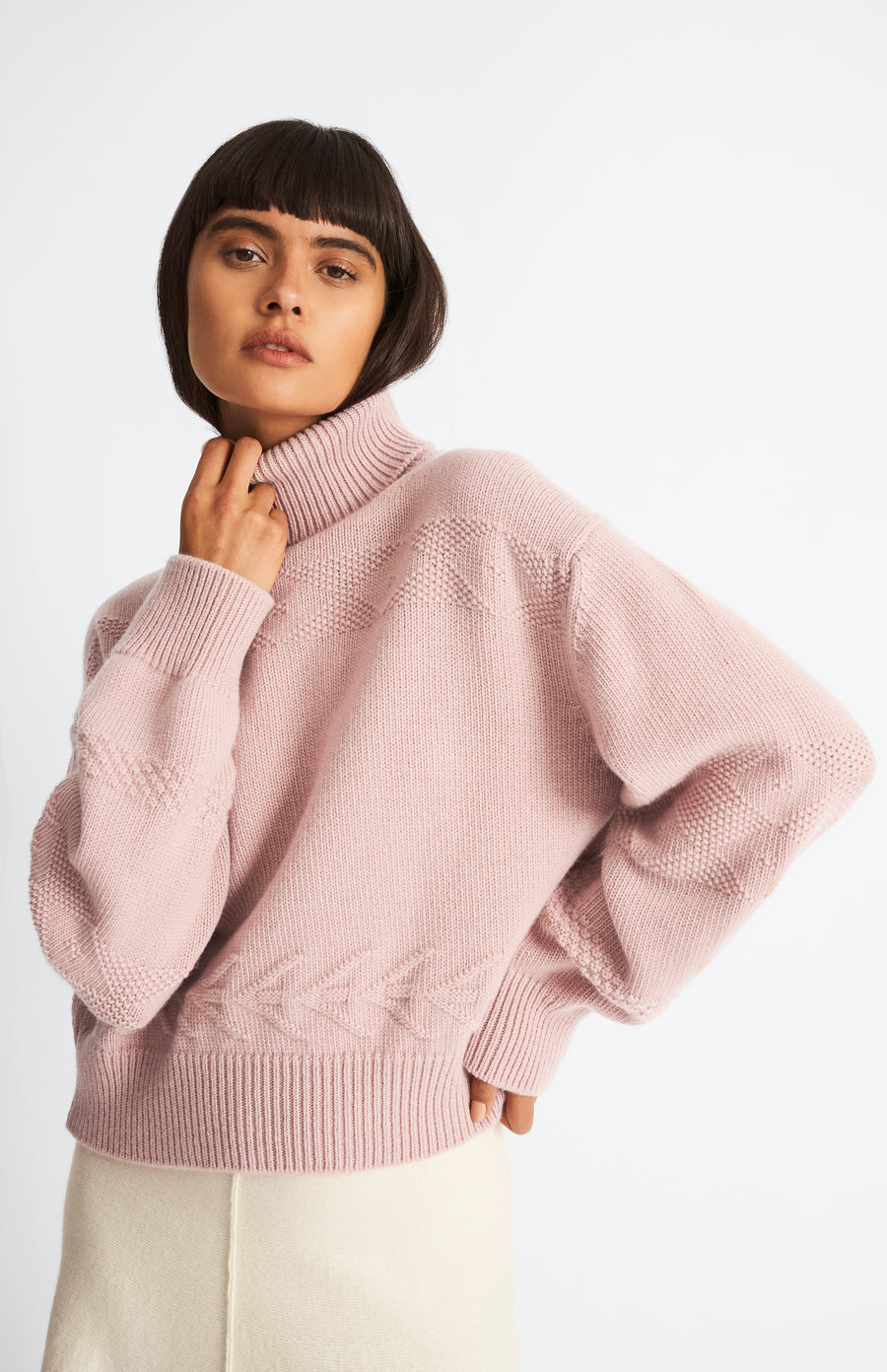 Pringle of Scotland Roll Neck Guernsey Cashmere Jumper In Dusty Pink