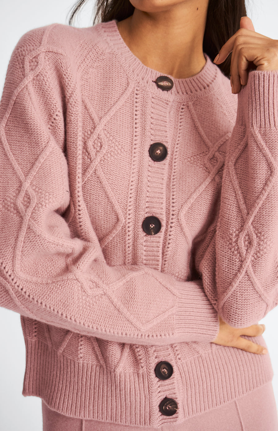Pringle of Scotland Multi Texture Cashmere blend cardigan in Dusty Pink showing button detail