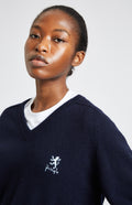 Pringle of Scotland Archive Women's V neck Lambswool Jumper In Navy showing embroidery