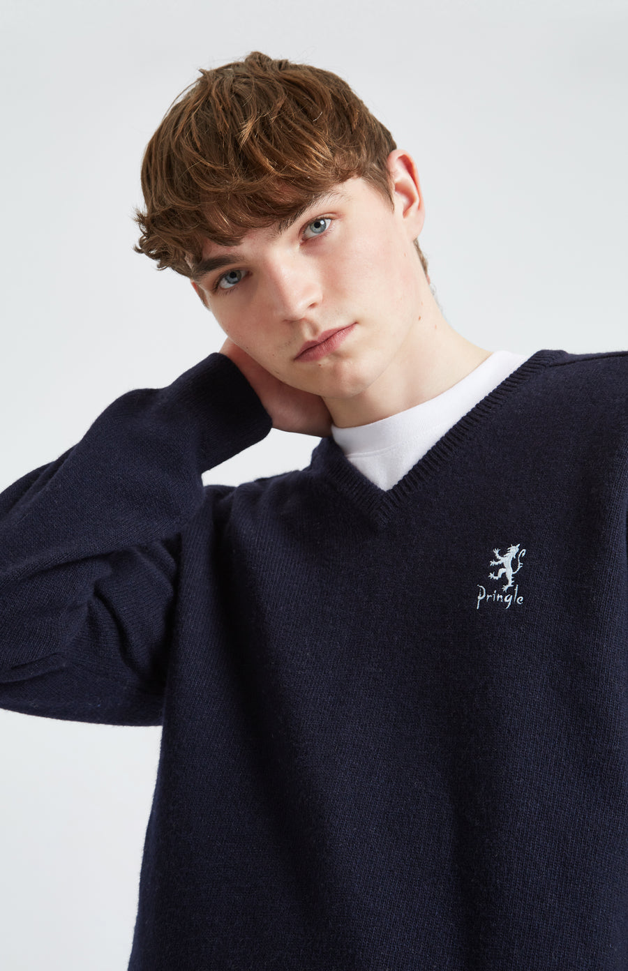 Pringle of Scotland Archive Men's V neck Lambswool Jumper In Navy showing embroidery