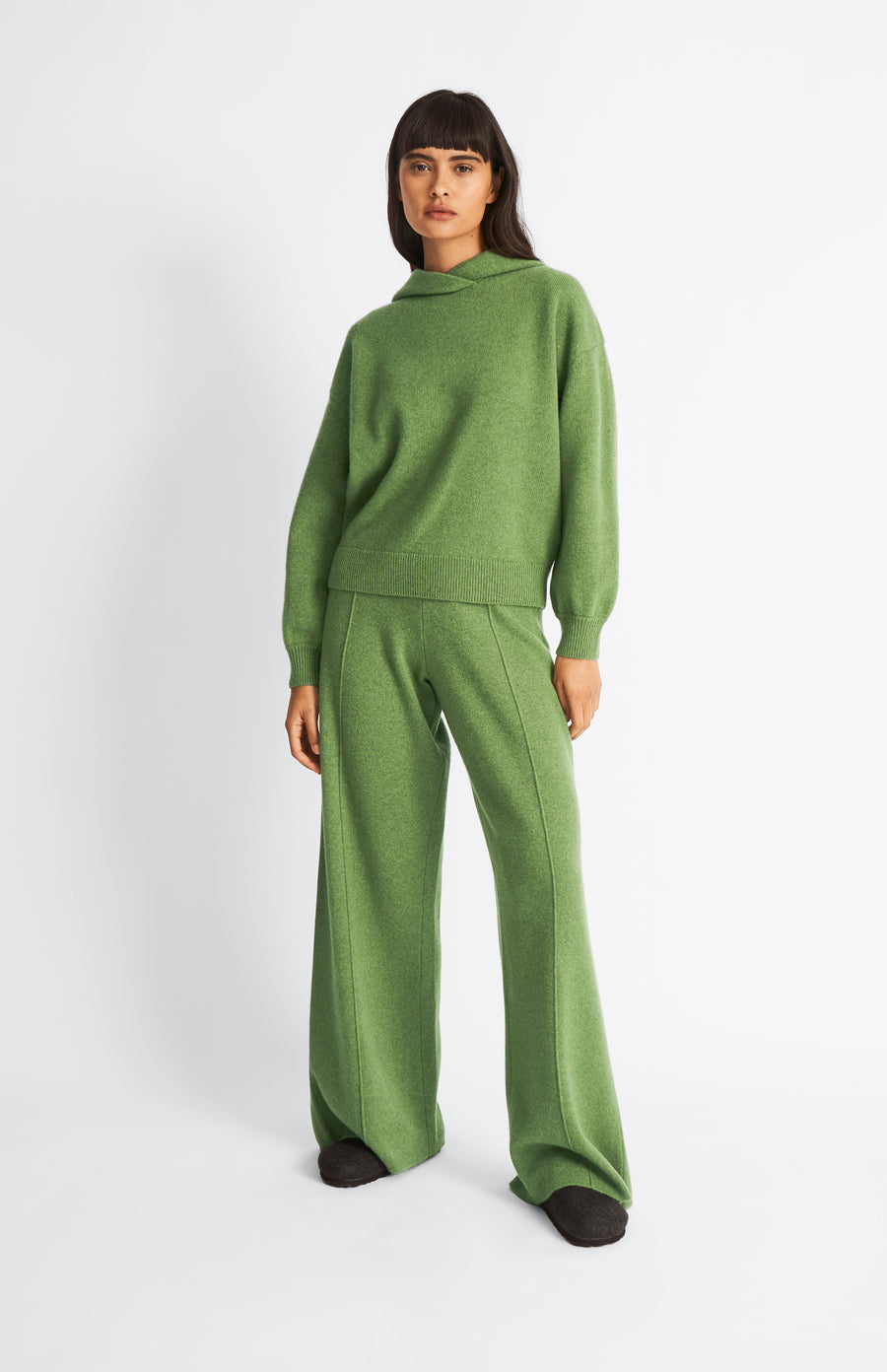 Pringle of Scotland Women's Cashmere Blend Hoodie In Wood Sage on model with matching trousers