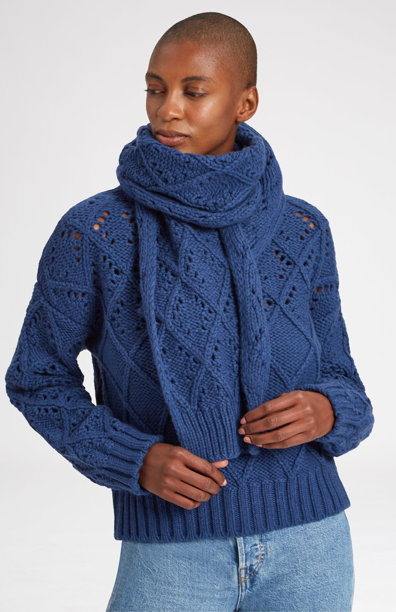 Allover Diamond Eyelet Stitch Scarf In Storm Blue Melange