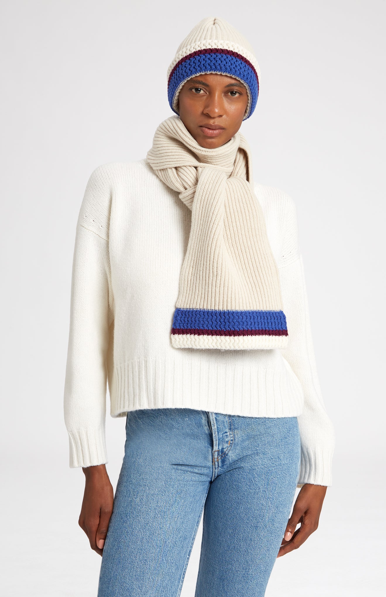 Wool Cashmere Blend Scarf with chunky rib in Almond on model - Pringle of Scotland