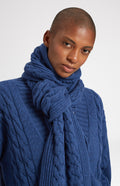 Rib and Cable Wool Scarf in Storm Blue on model close up - Pringle of Scotland