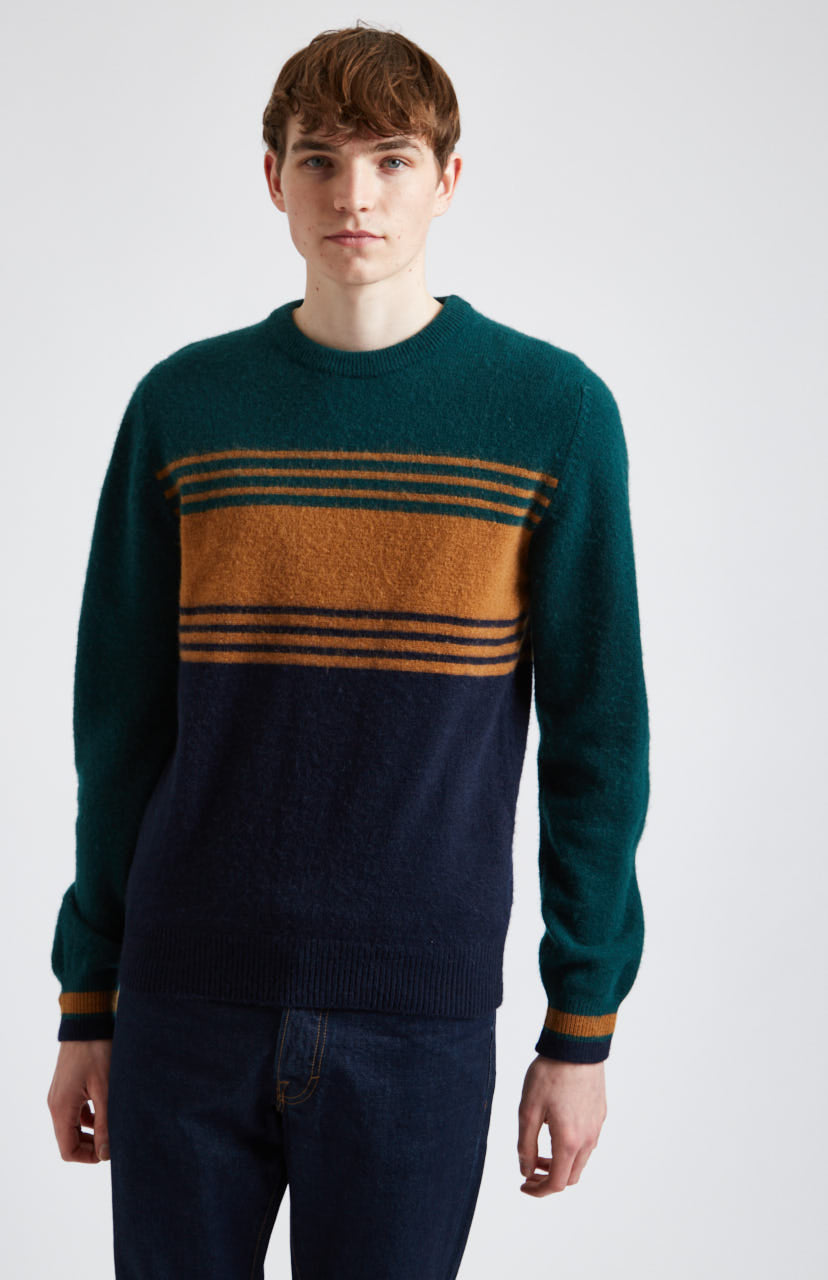 Round Neck Brushed Lambswool Jumper in Evergreen Stripe - Pringle of Scotland