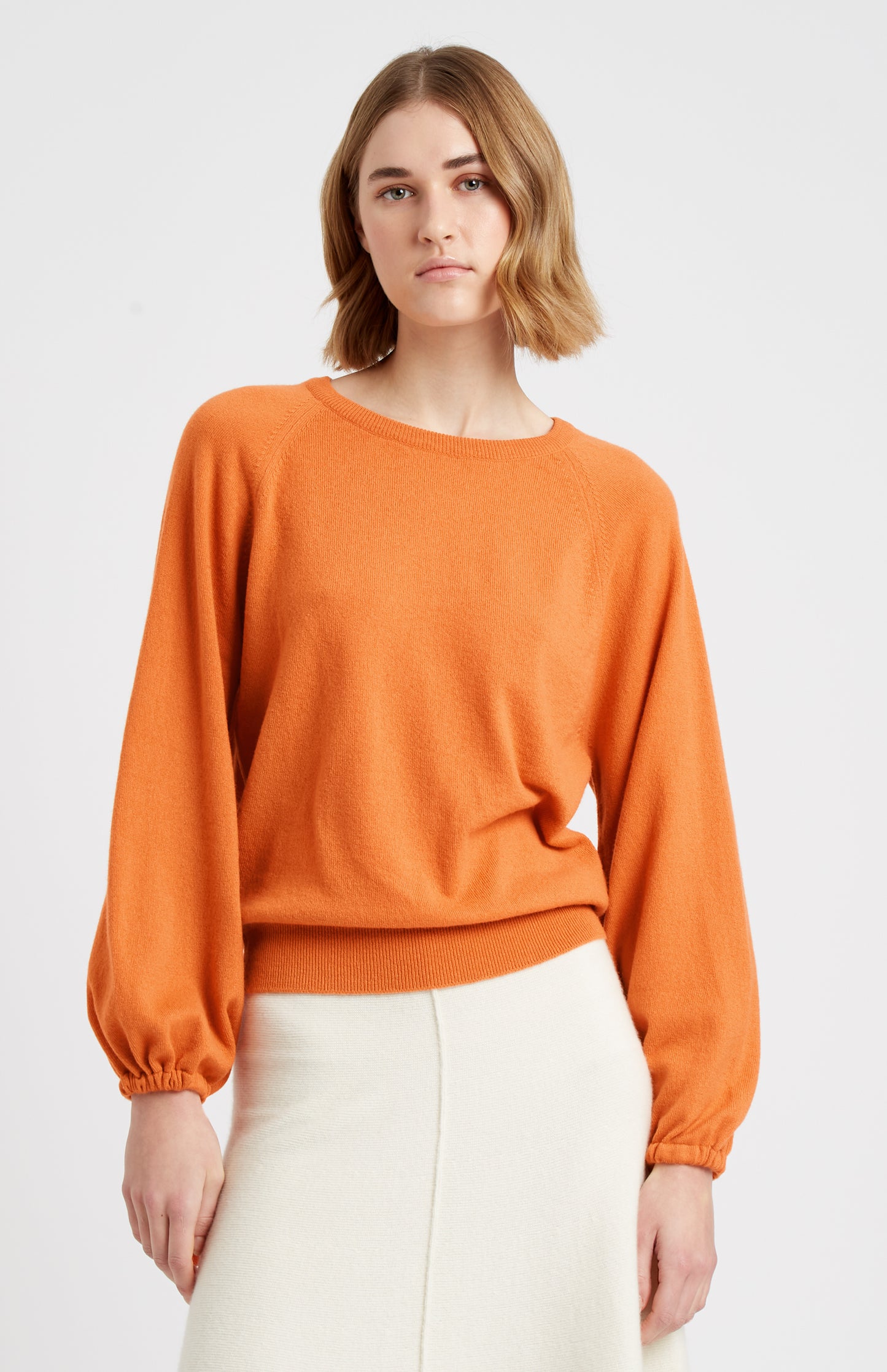Pringle of Scotland Lightweight Round Neck Cashmere Jumper in Orange on model