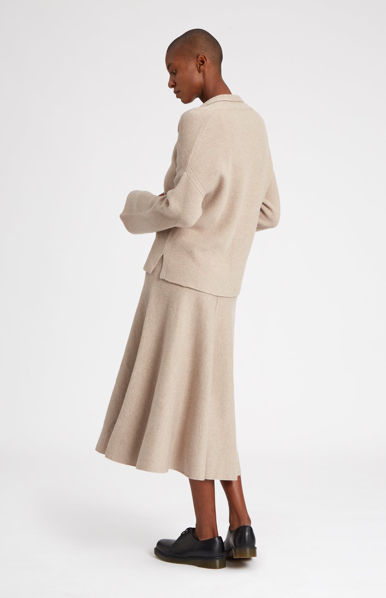 Cashmere Blend Midi Skirt In Stone Melange rear view - Pringle of Scotland