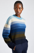 Brushed Lambswool jumper with allover stripe in Blue Smoke on model close up - Pringle of Scotland