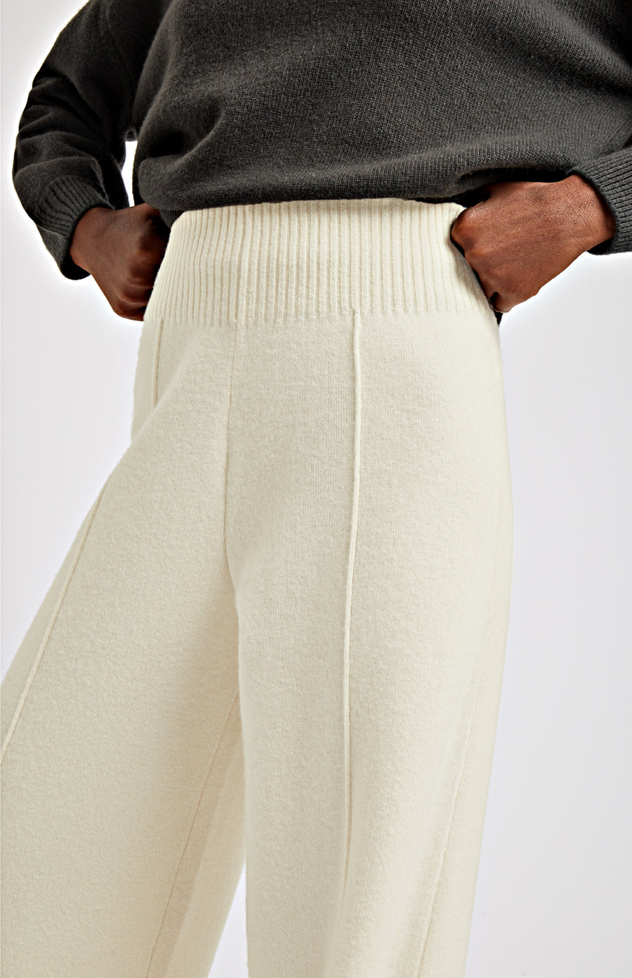 Women's Knitted Wide Leg Trousers In Cream waist detail - Pringle of Scotland
