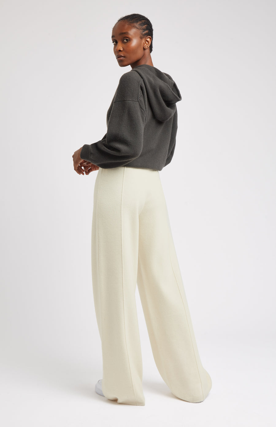 Women's Knitted Wide Leg Trousers In Cream on model rear view - Pringle of Scotland