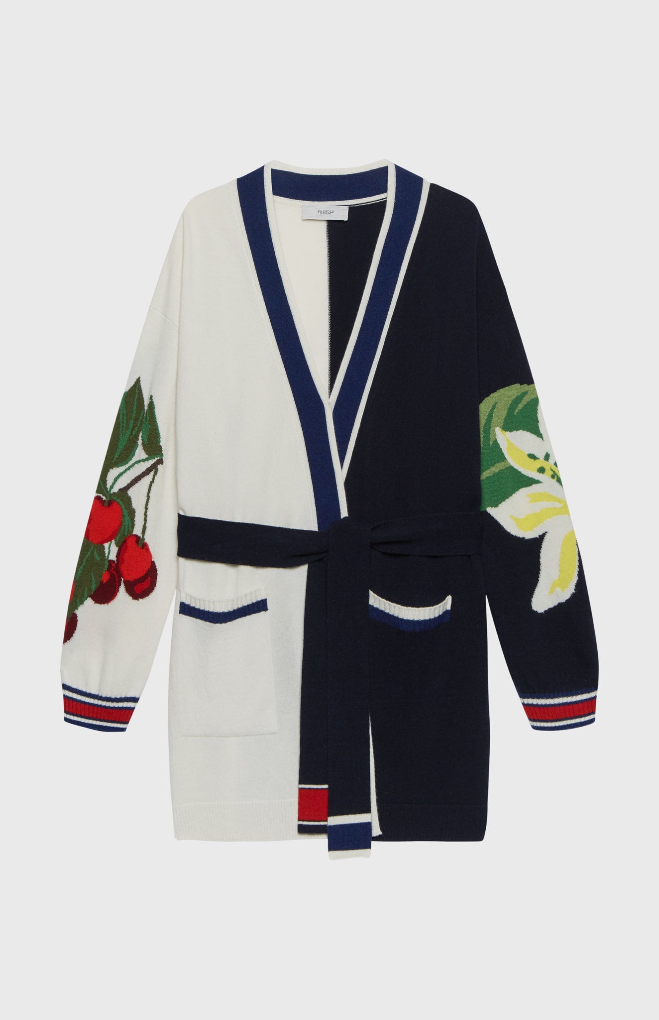 Intarsia Fruit Cashmere Blend Wrap Cardigan In Navy flat shot - Pringle of Scotland