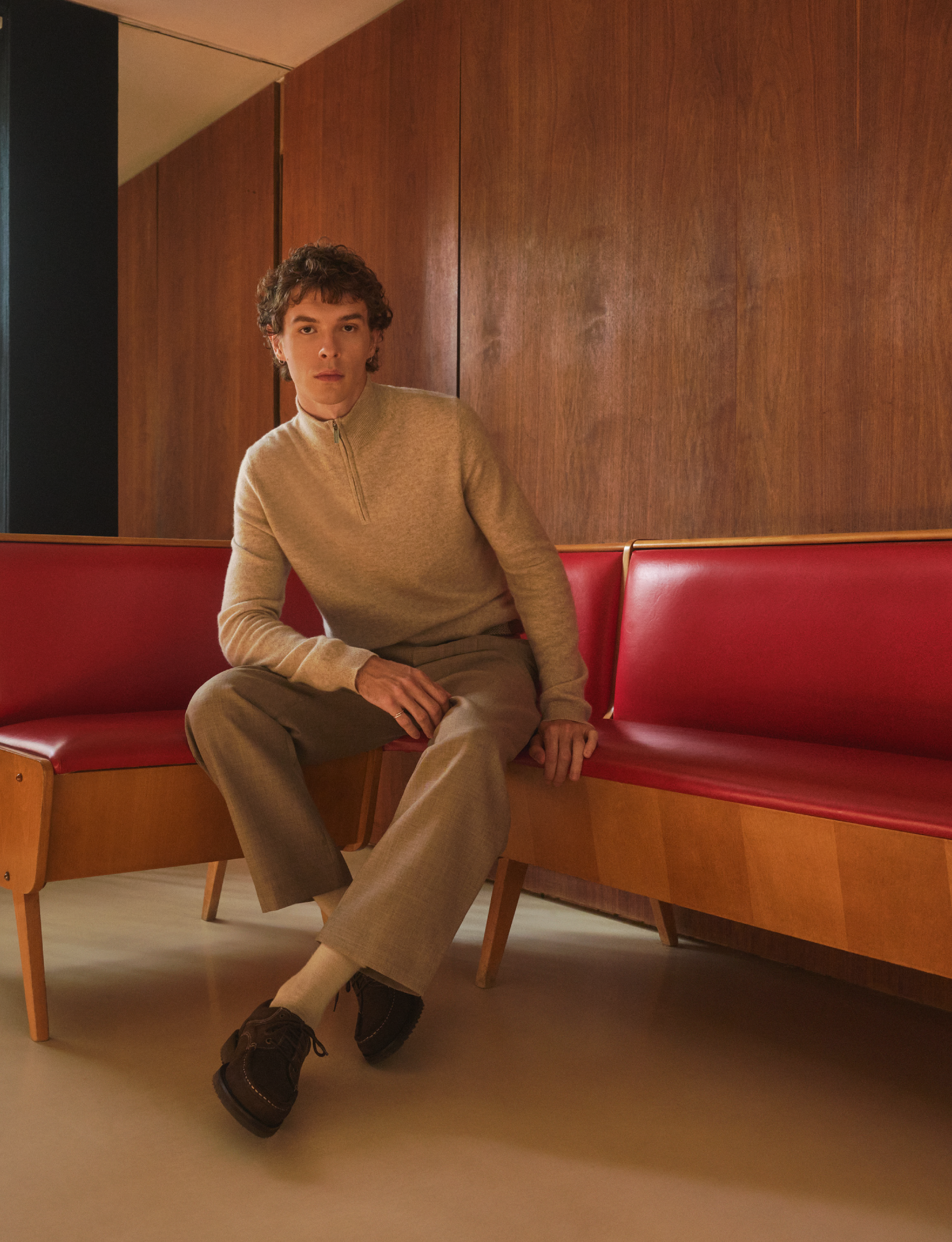 Pringle of Scotland Creative Shoot Featuring a Male Model Wearing Oatmeal QTR ZIP Cashmere Jumper