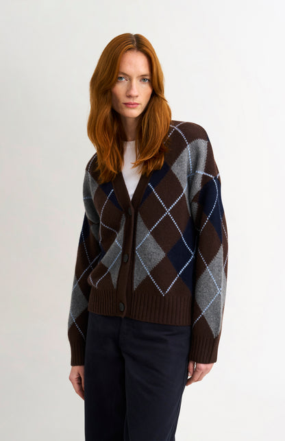 Women's Chunky All Over Argyle Cashmere Cardigan in Brown / Navy / Grey