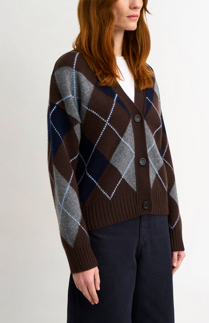 Women's Chunky All Over Argyle Cashmere Cardigan in Brown / Navy / Grey