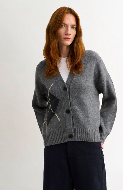 Women's Chunky Argyle Cashmere Cardigan in Grey and Charcoal