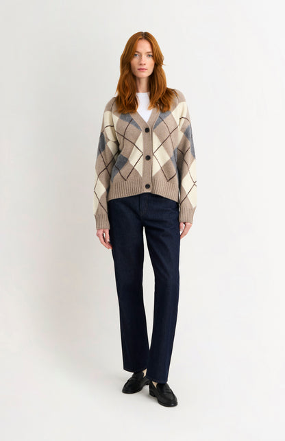 Women's Chunky All Over Argyle Cashmere Cardigan in Mushoom & Grey