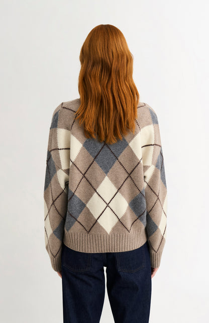 Women's Chunky All Over Argyle Cashmere Cardigan in Mushoom & Grey