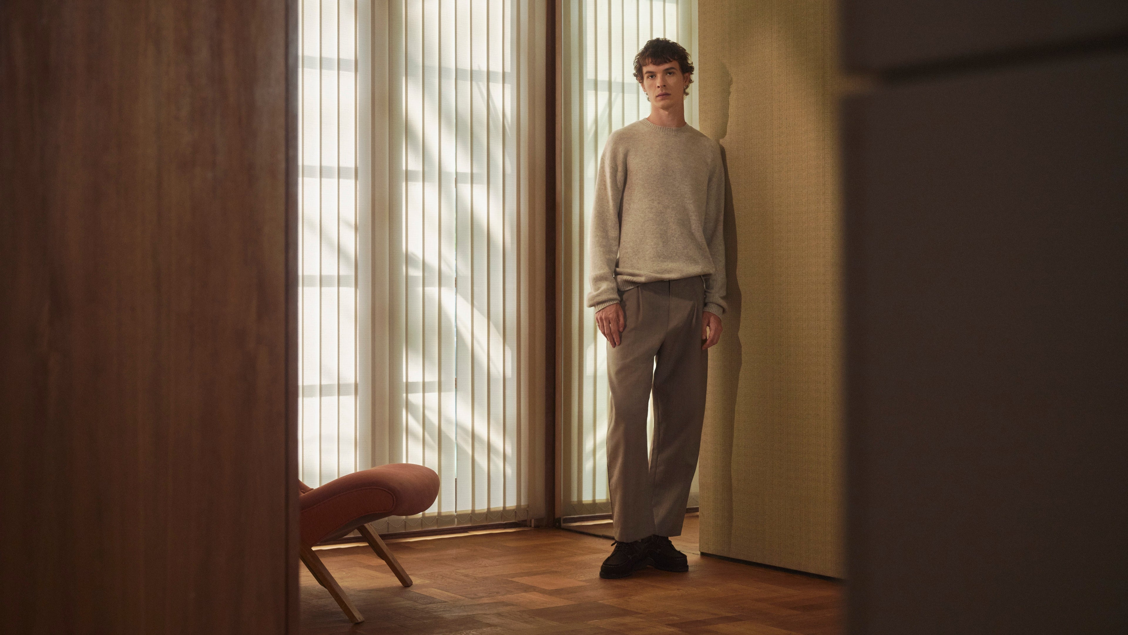 Male model wears Pringle of Scotland  Cashmere Jumper in Oatmeal