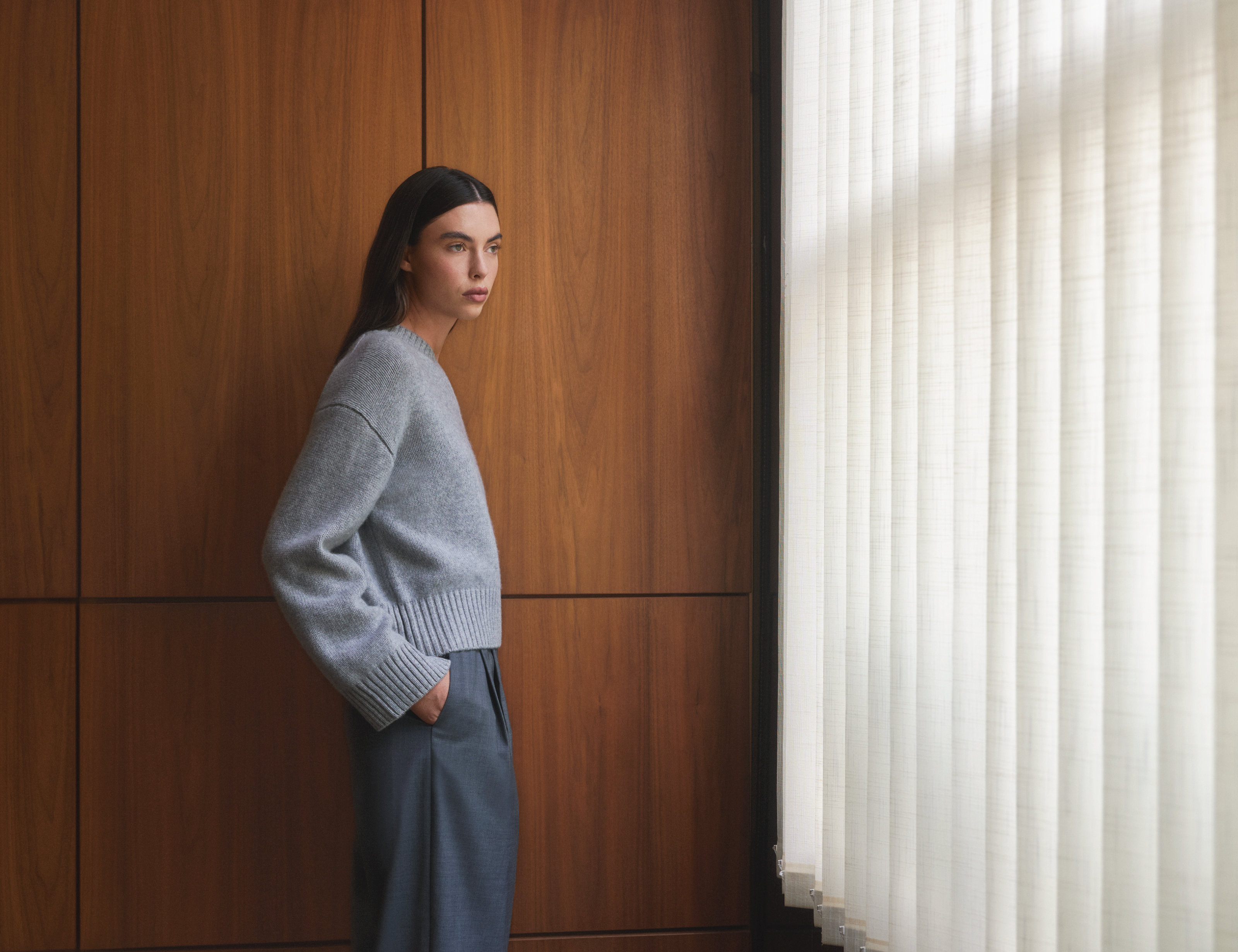 Pringle of Scotland Image Featuring V Neck Grey Cashmere Jumper Linking to Knitwear Care Page