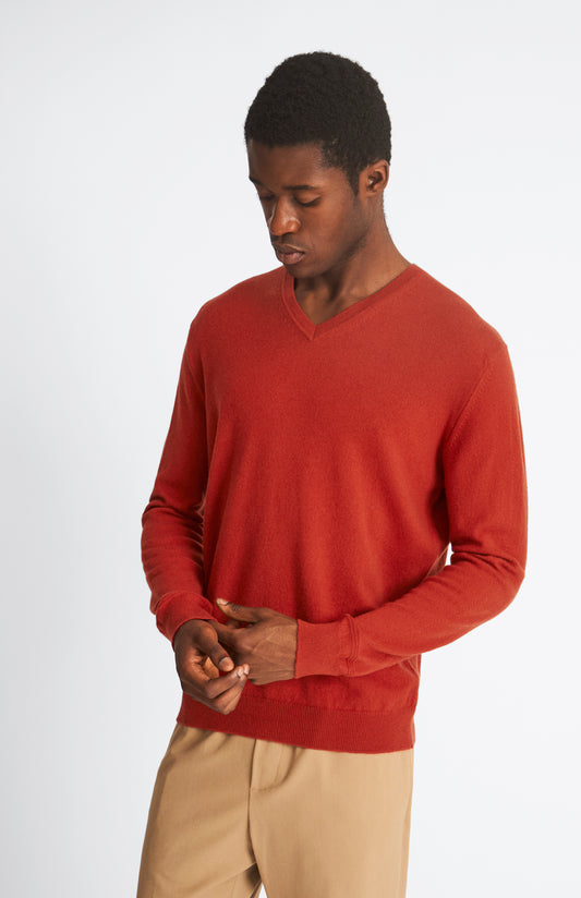 Pringle of Scotland Men's Classic V Neck Cashmere Jumper In Rust Red on model