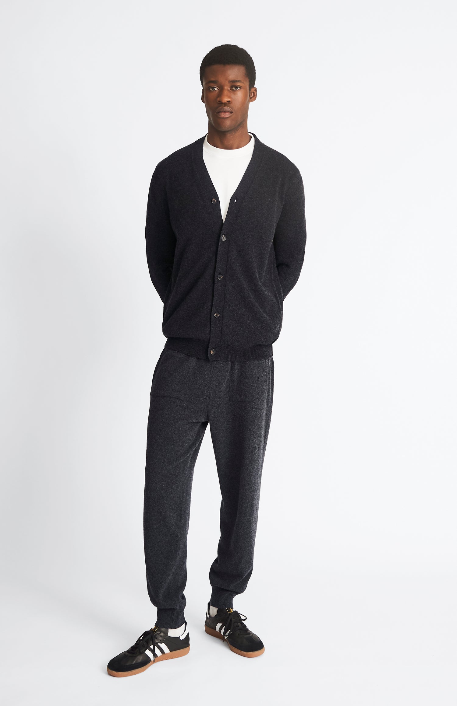 Pringle of Scotland Men's Classic Cashmere Cardigan in Charcoal.  Full Front Look on Model