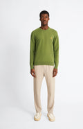 Pringle Round Neck Lion Lambswool Jumper In Mineral Green & Mustard on model full length
