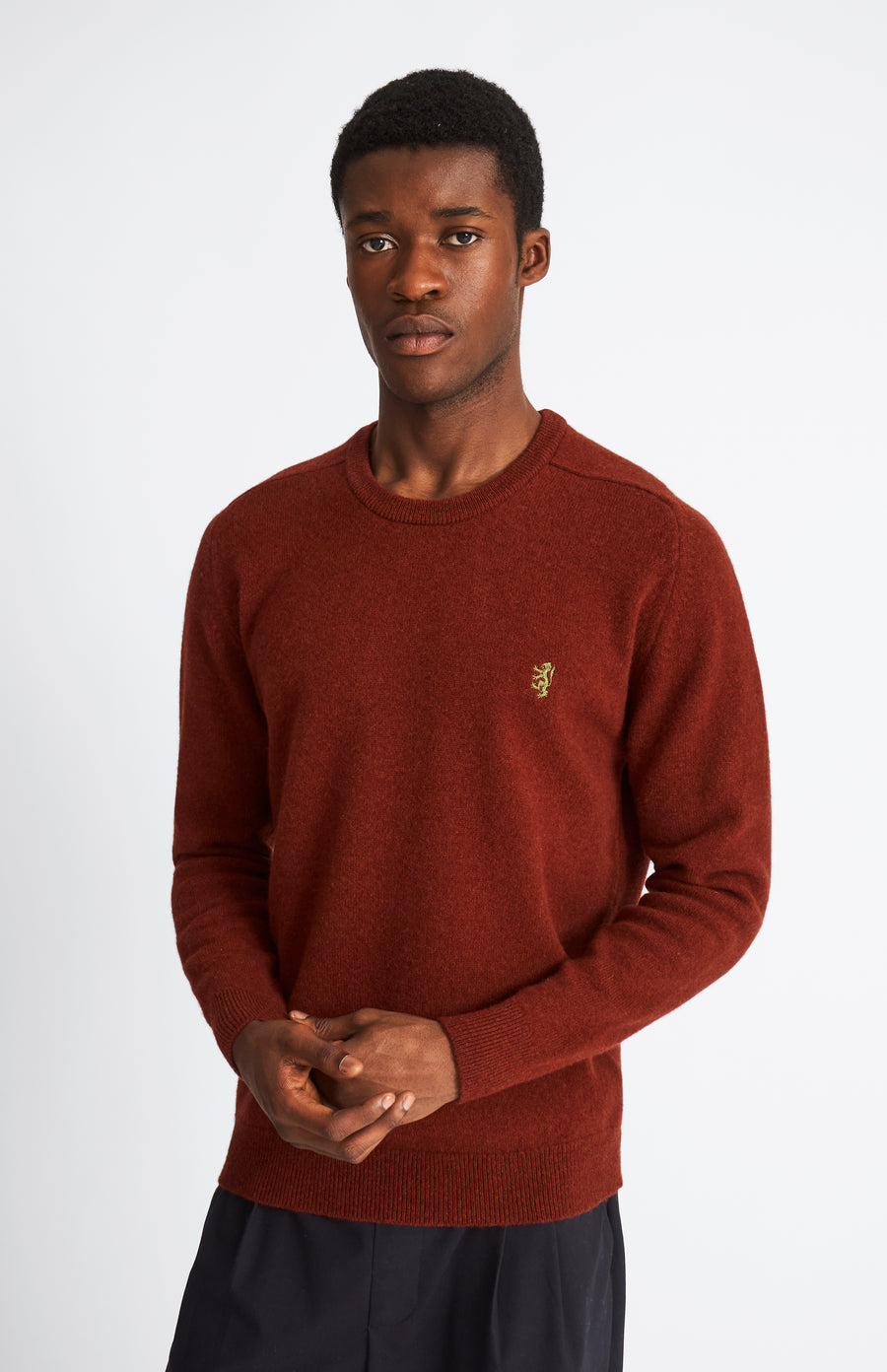 Pringle Round Neck Lion Lambswool Jumper In Red Rust & Mineral Green