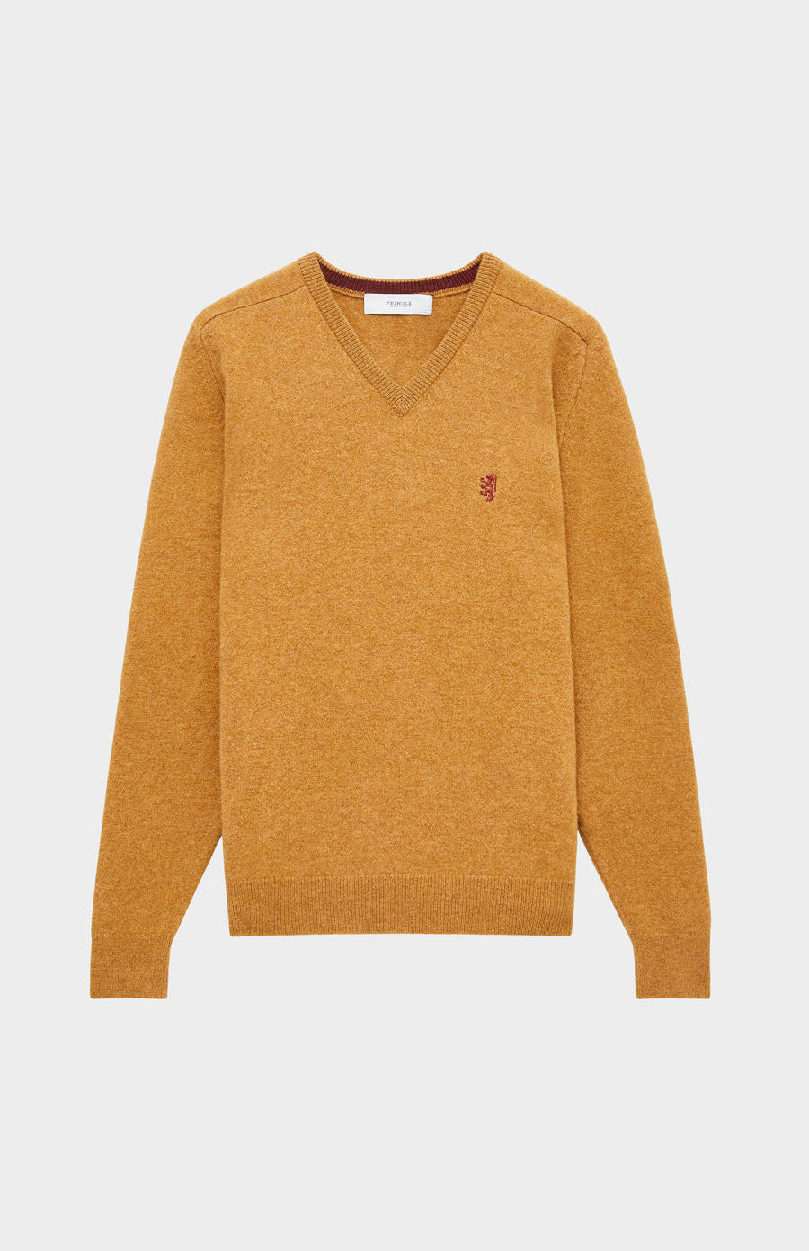 Pringle V Neck Lion Lambswool Jumper In Mustard Sand & Red Rust