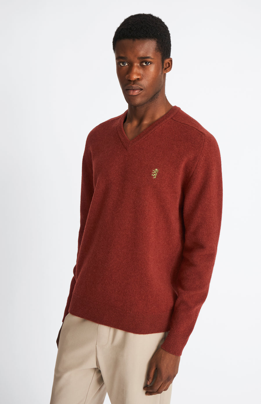 Pringle V Neck Lion Lambswool Jumper In Red Rust & Mineral Green on model