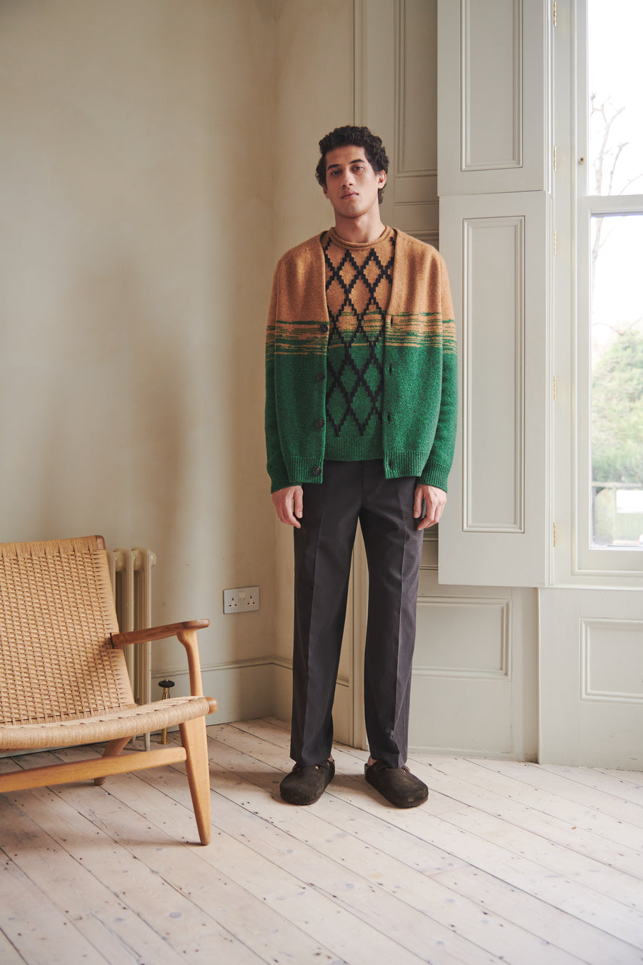 Lambswool Round Neck Jumper With Argyle Pattern And Degrade Effect In Vicuna And Evergreen