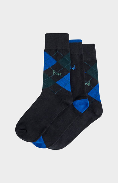 Men’s Argyle Cotton Jacquard Socks in Black, Blue & Green