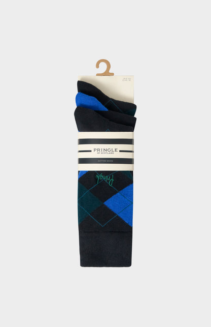 Men’s Argyle Cotton Jacquard Socks in Black, Blue & Green