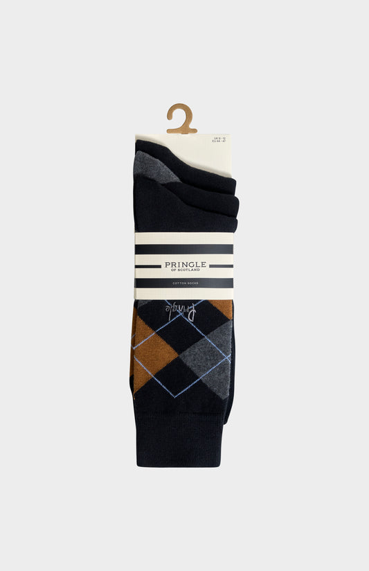 Men’s Argyle Cotton Jacquard Socks in Black, Charcoal & Camel