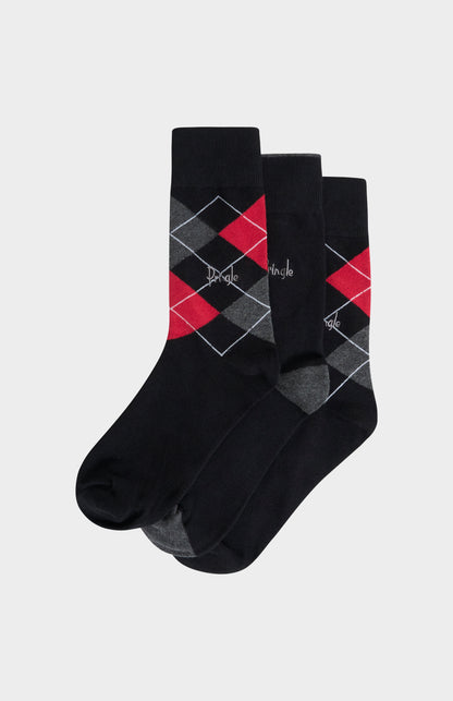Men’s Argyle Cotton Jacquard Socks in Black, Charcoal & Red