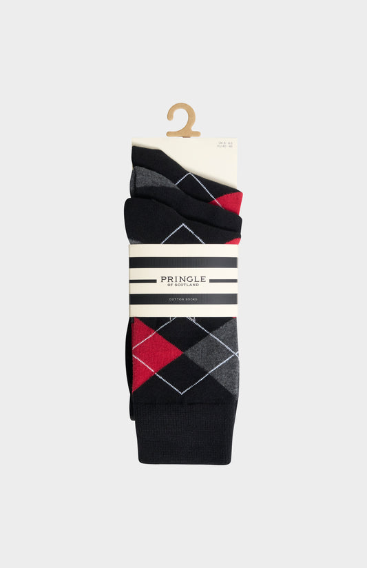Men’s Argyle Cotton Jacquard Socks in Black, Charcoal & Red
